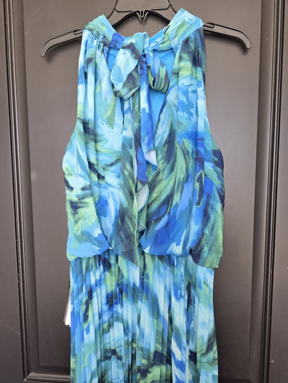 NWT Xscape Blue Green Printed Pleated Maxi Dress Sleeveless Blouson Size 10 $259 - Picture 8 of 11